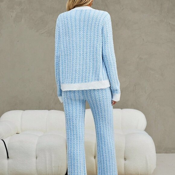 Blue and White Casual Womens Contrast Trim Cardigan & Knit Pants - Picture 3 of 5